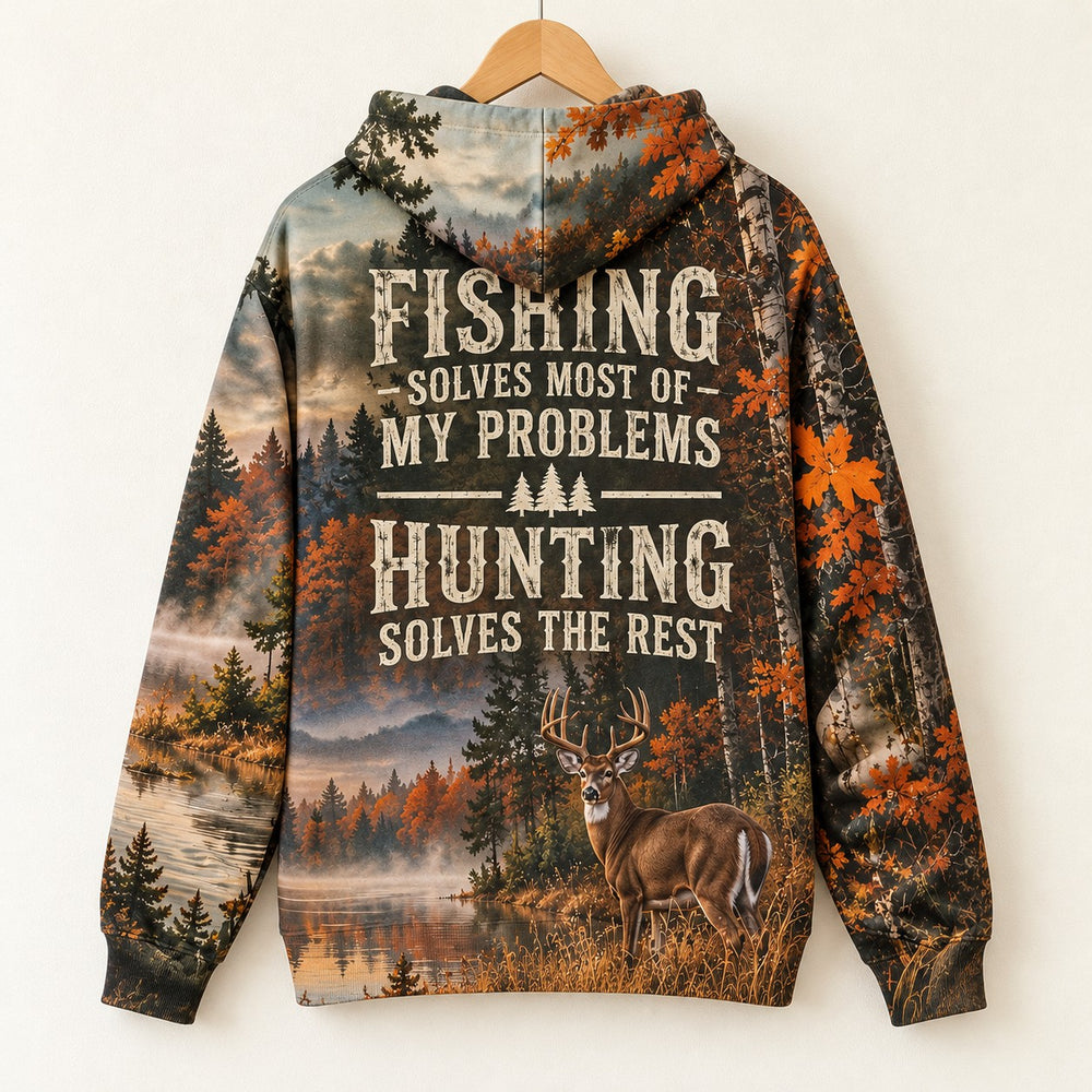 Lake To Treeline All-Over Print Hoodie on a hanger