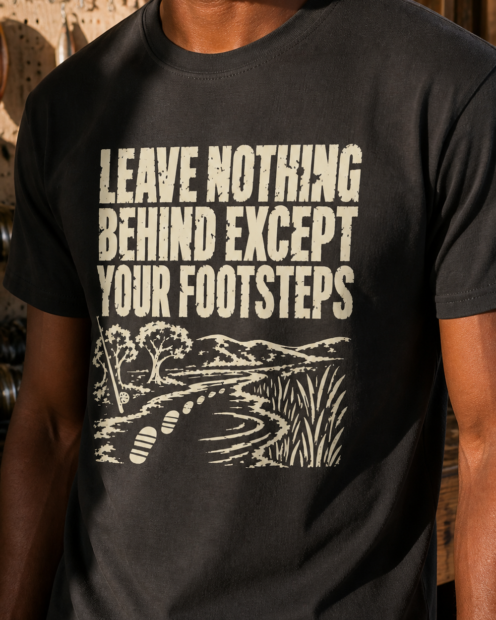 Leave Nothing Behind tee — black, worn, side