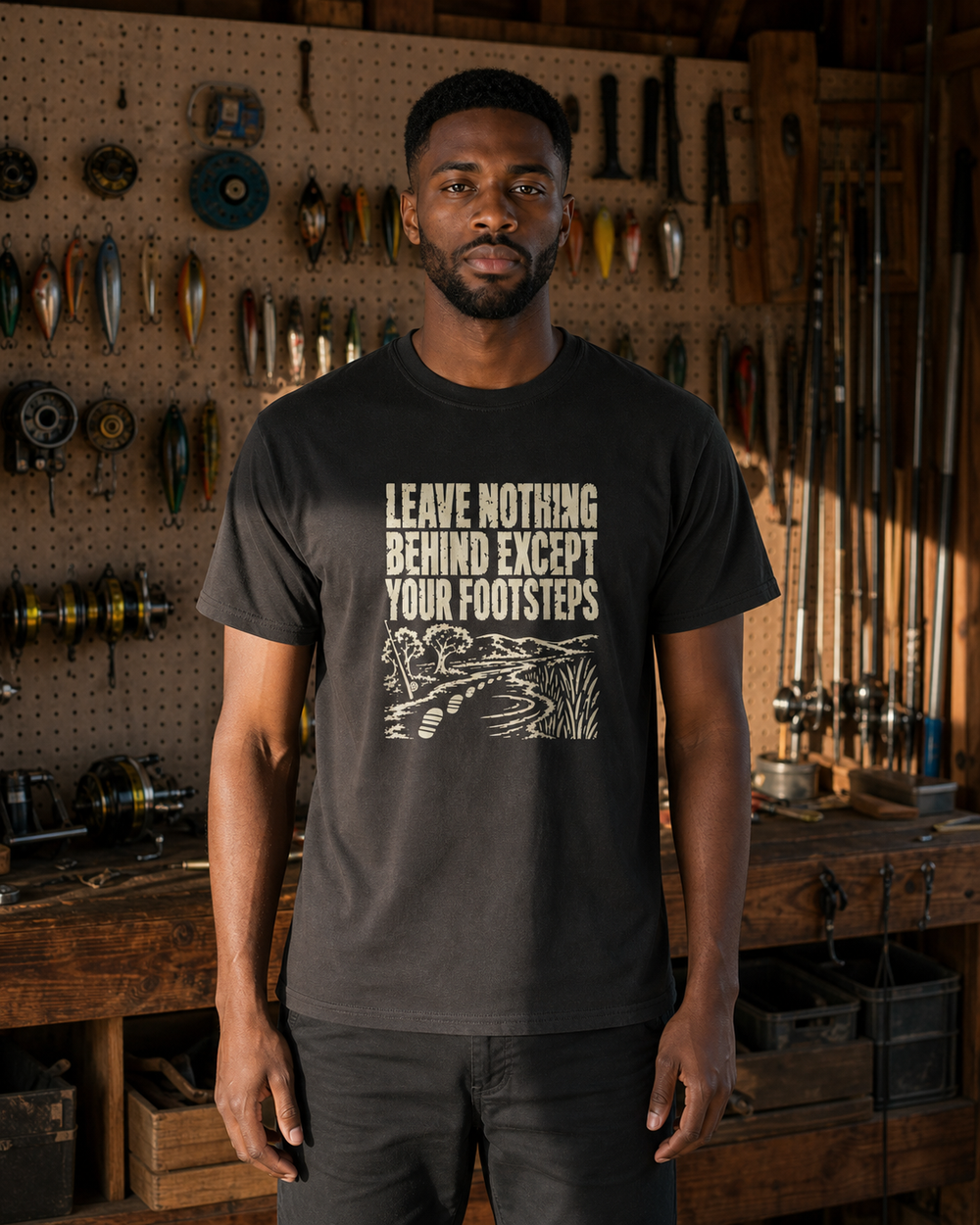 Leave Nothing Behind tee — black, worn, front