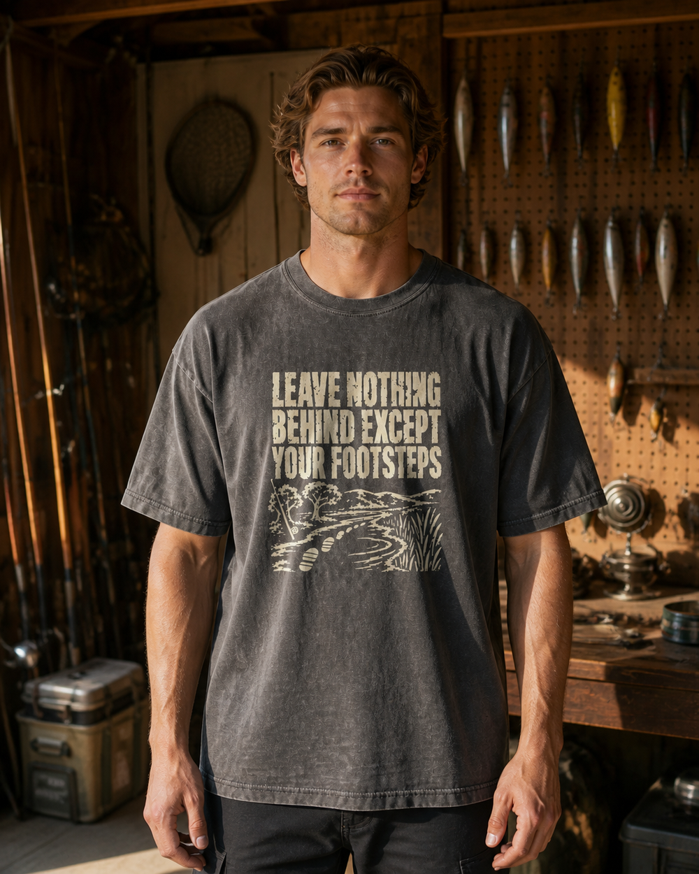 Leave Nothing Behind washed tee — washed black, worn, front