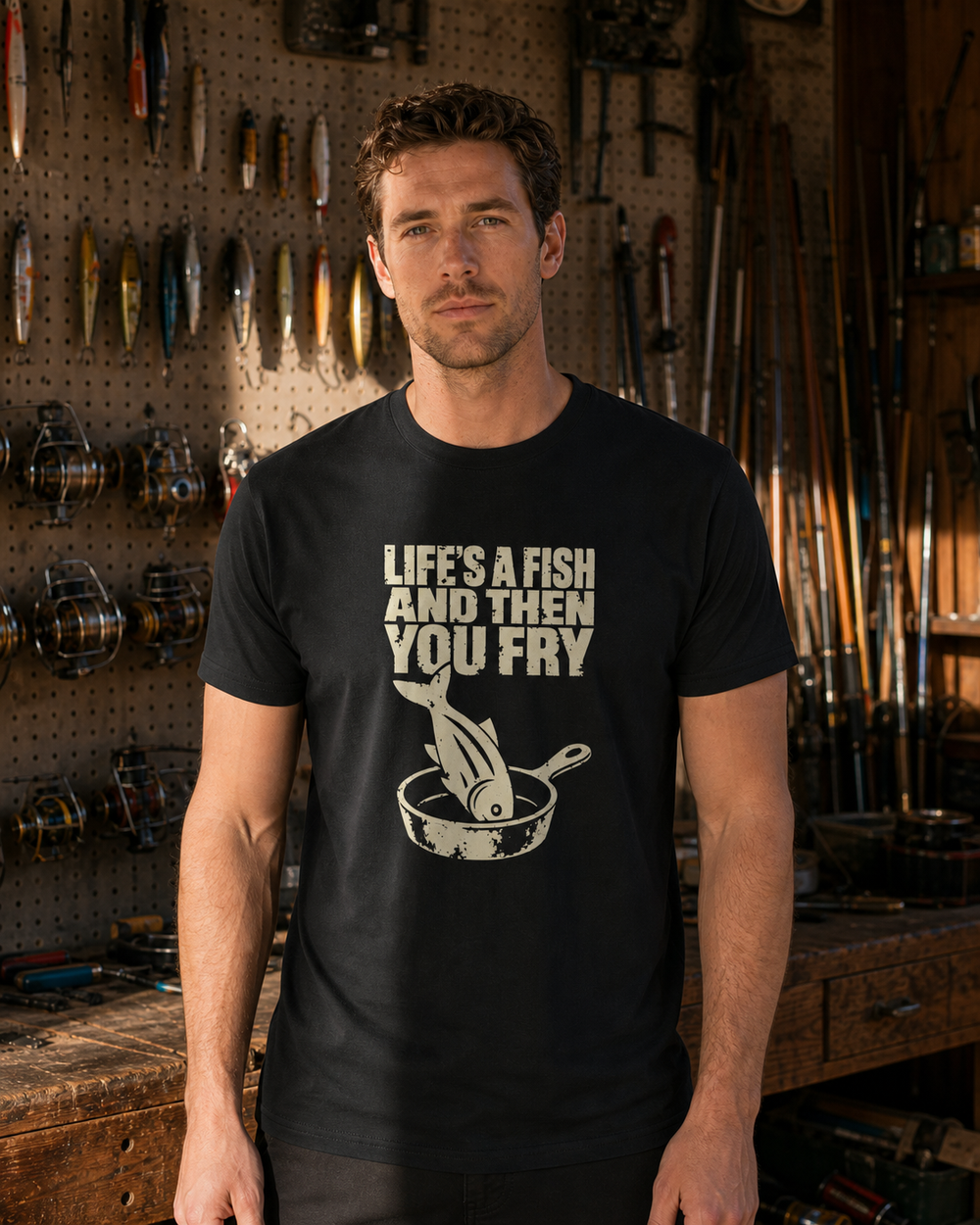 Life's a Fish and Then You Fry tee — black, worn, front
