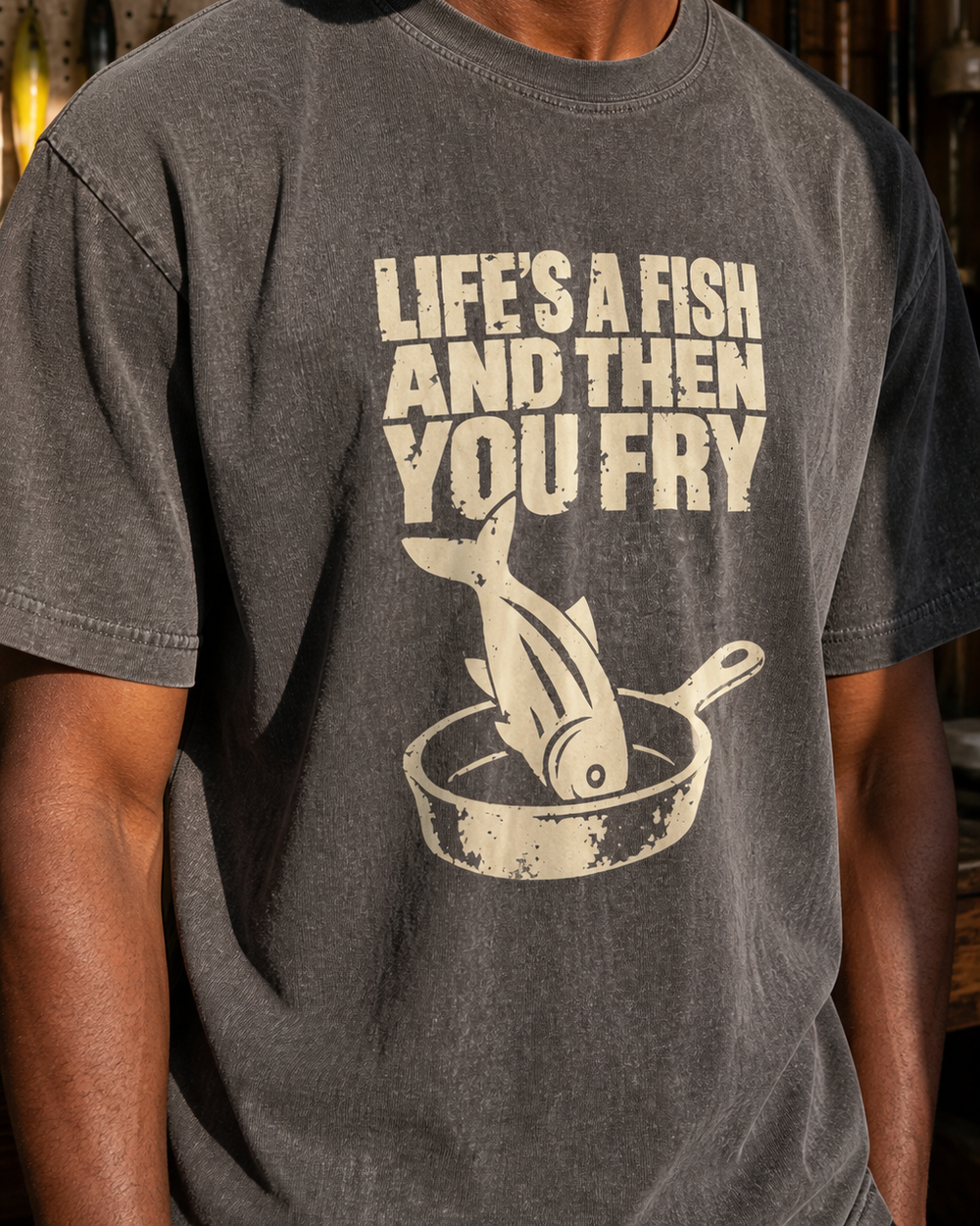 Life's a Fish and Then You Fry washed tee — washed black, worn, side