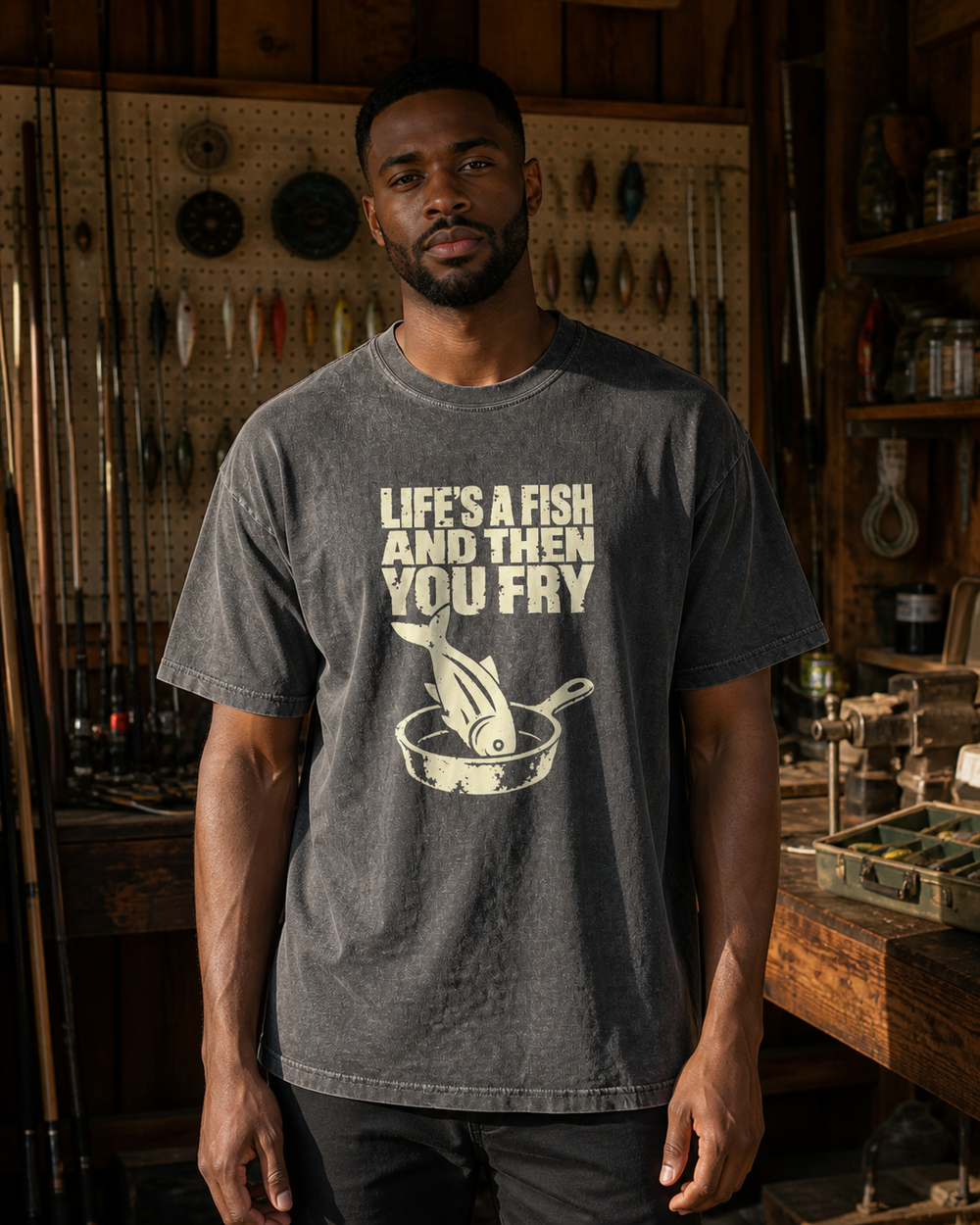 Life's a Fish and Then You Fry washed tee — washed black, worn, front