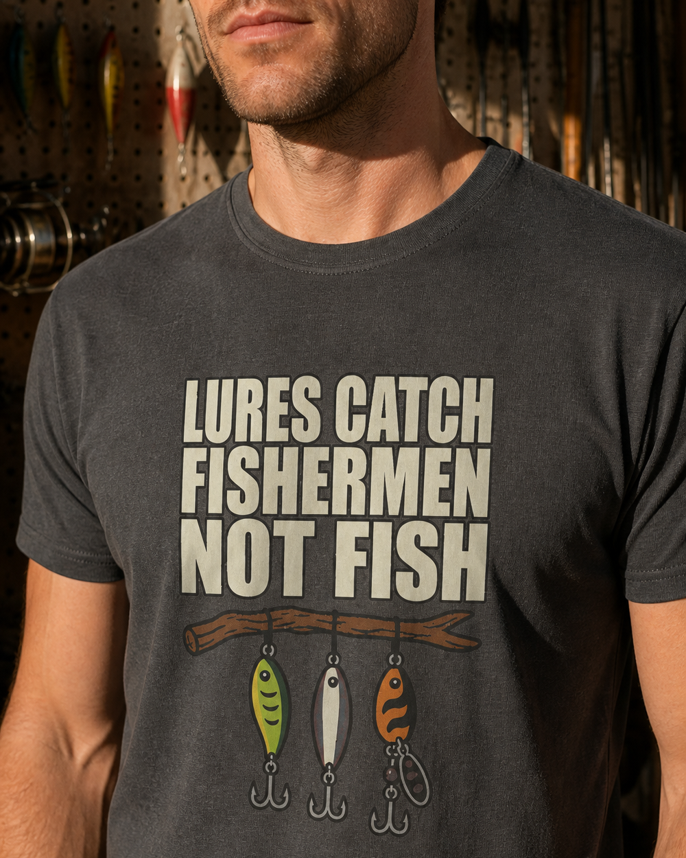 Lures Catch Fishermen, Not Fish (Colour) tee — charcoal, worn, side
