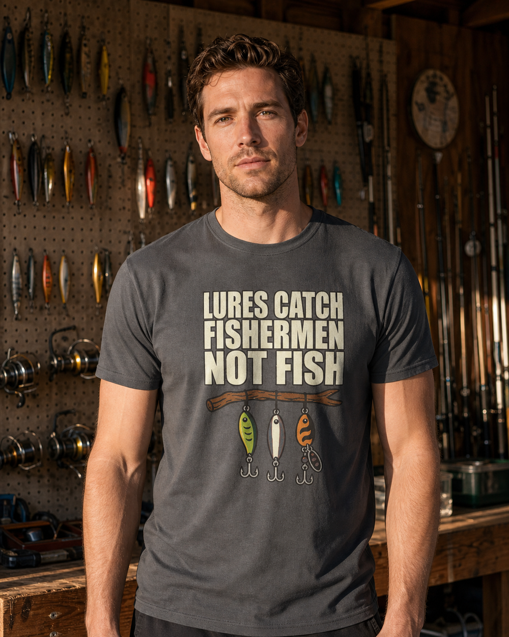 Lures Catch Fishermen, Not Fish (Colour) tee — charcoal, worn, front