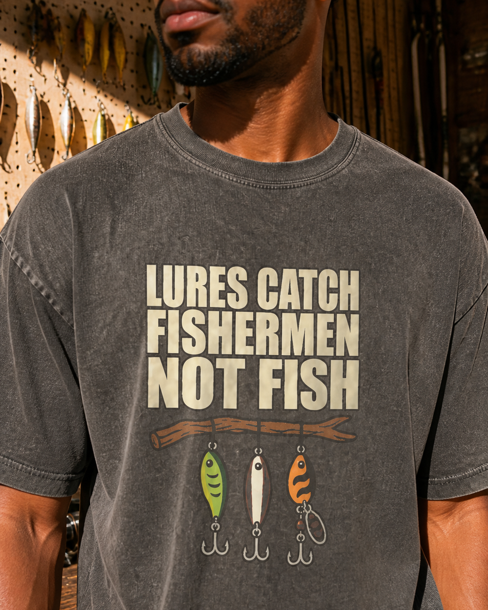 Lures Catch Fishermen, Not Fish (Colour) washed tee — washed black, worn, side