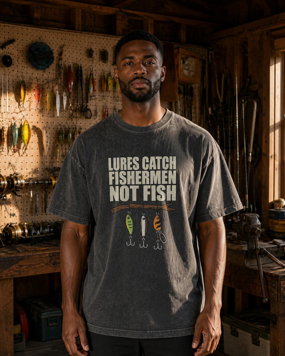 Lures Catch Fishermen, Not Fish (Colour) washed tee — washed black, worn, front