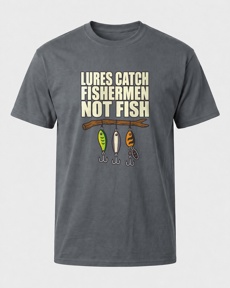 Lures Catch Fishermen, Not Fish (Colour) tee — charcoal, front