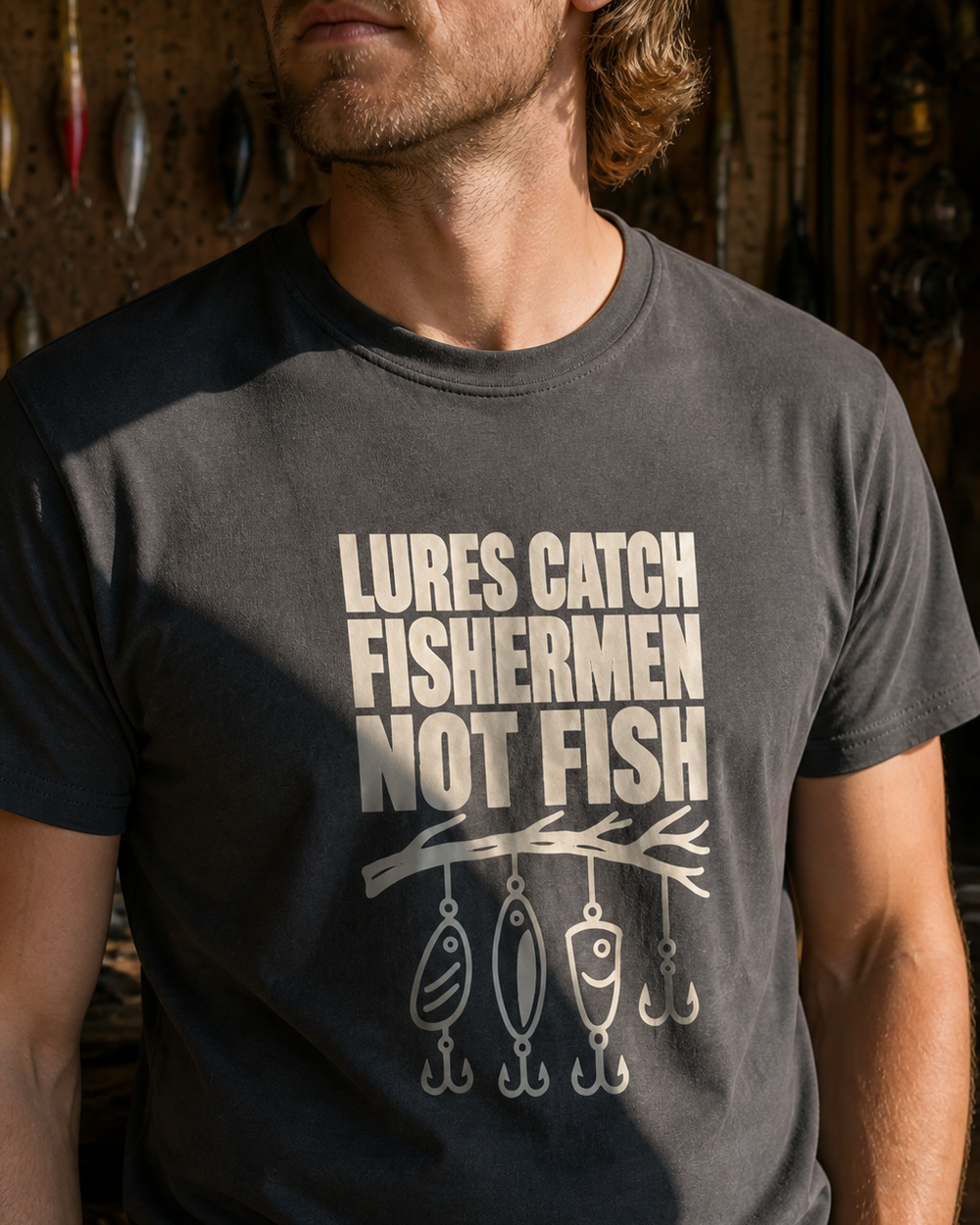 Lures Catch Fishermen, Not Fish tee — charcoal, worn, side
