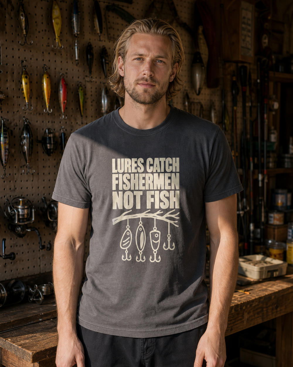 Lures Catch Fishermen, Not Fish tee — charcoal, worn, front