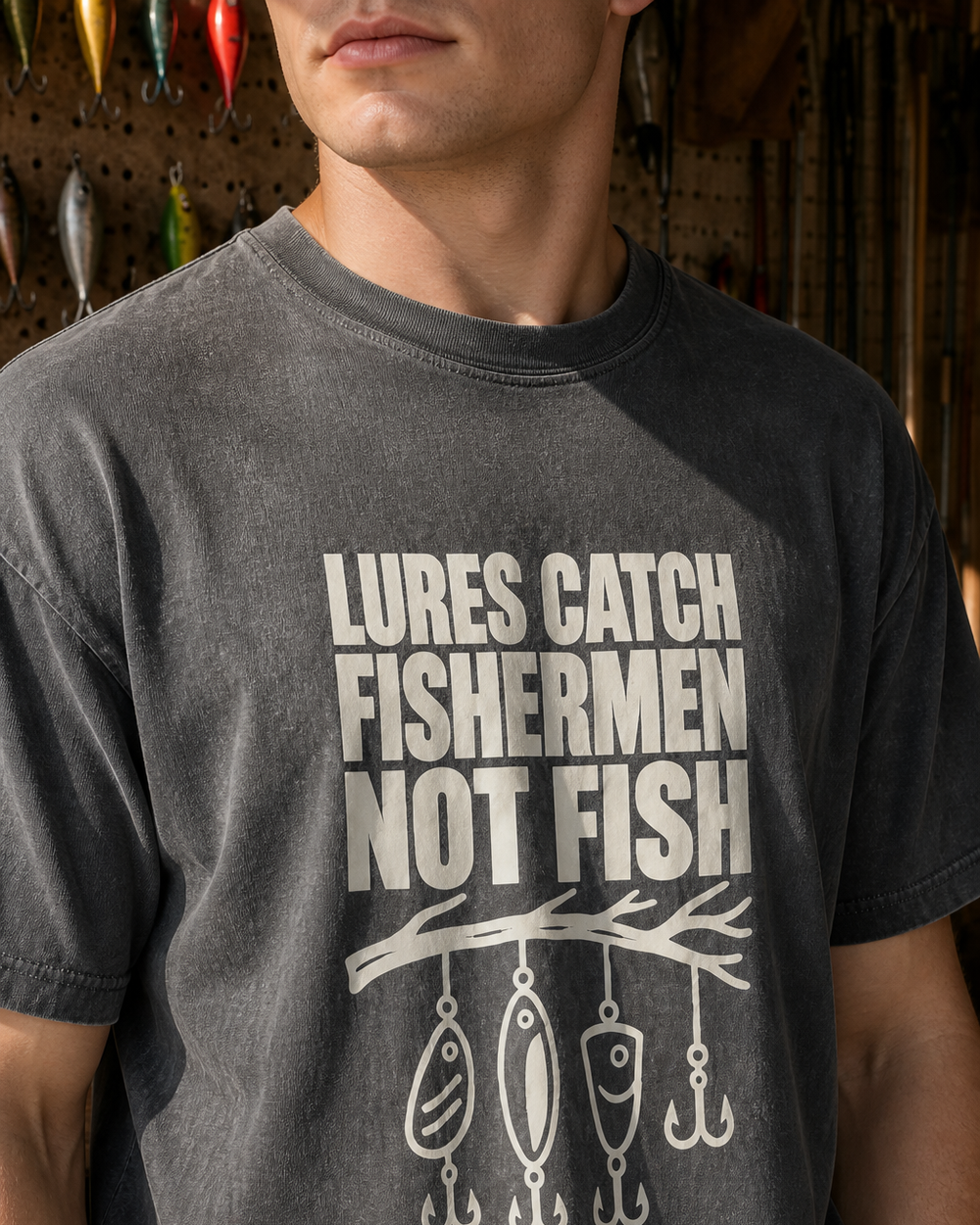 Lures Catch Fishermen, Not Fish washed tee — washed black, worn, side