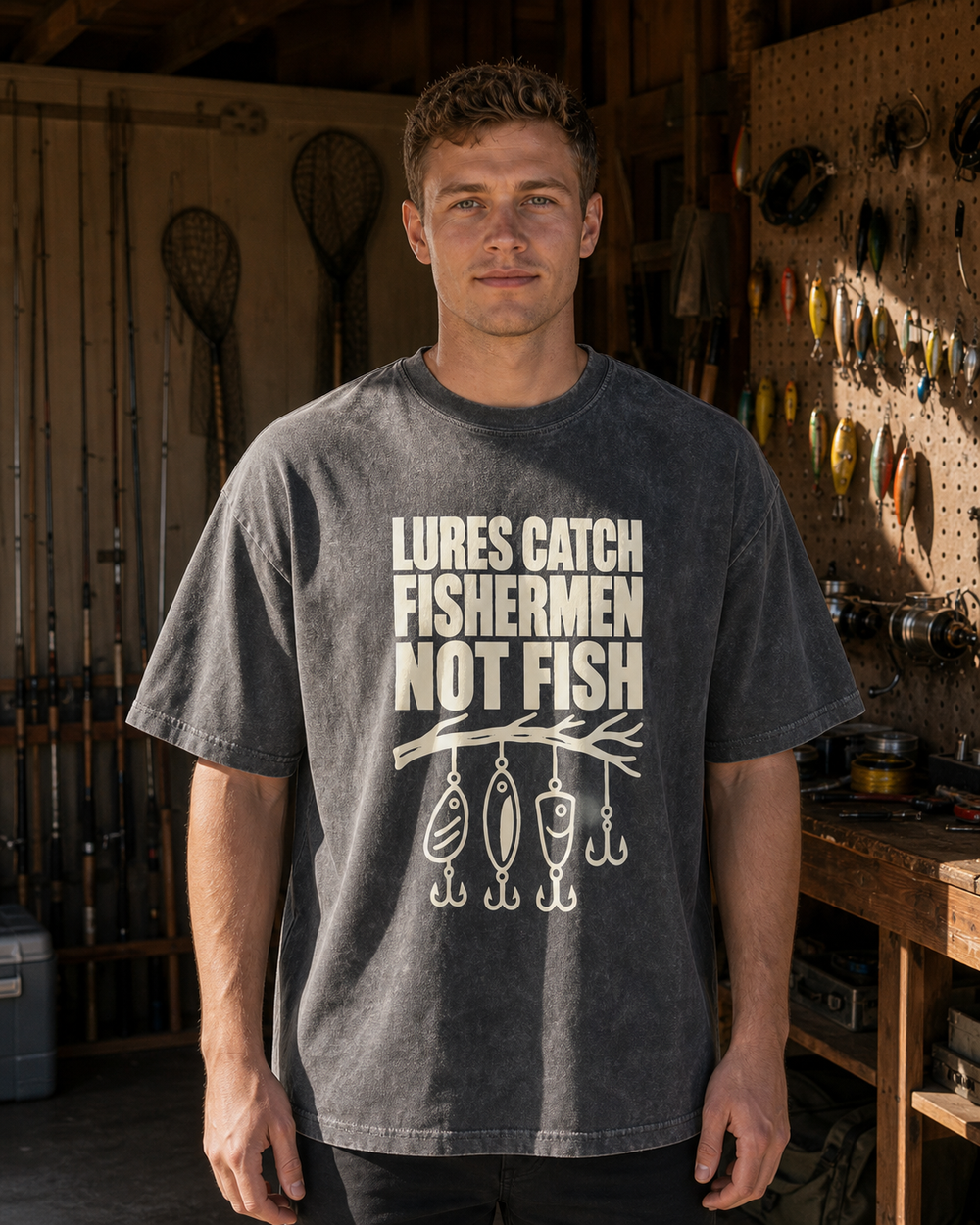 Lures Catch Fishermen, Not Fish washed tee — washed black, worn, front