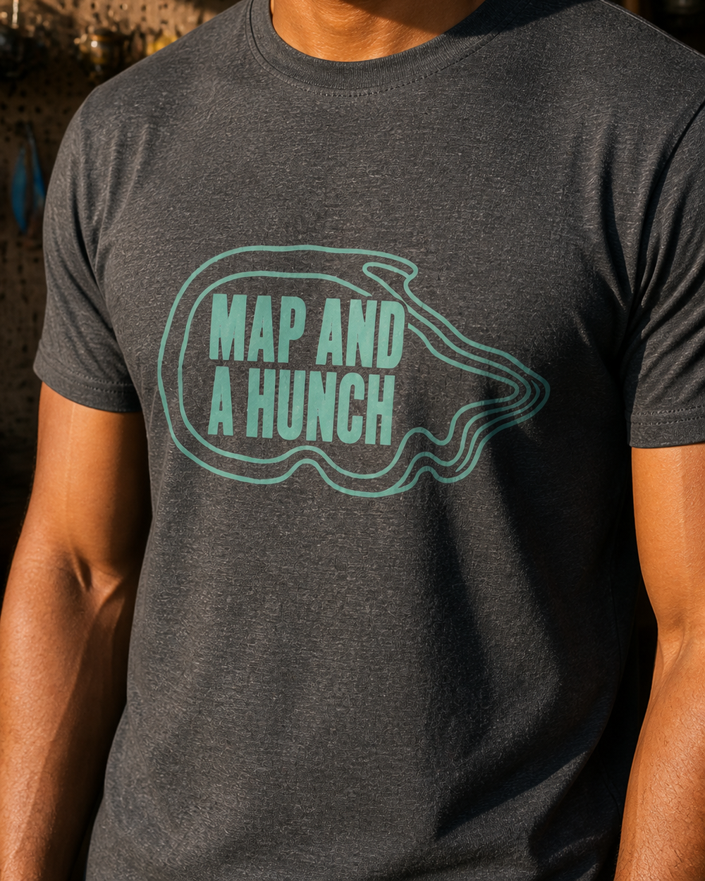 Map And A Hunch tee — dark heather, worn, side