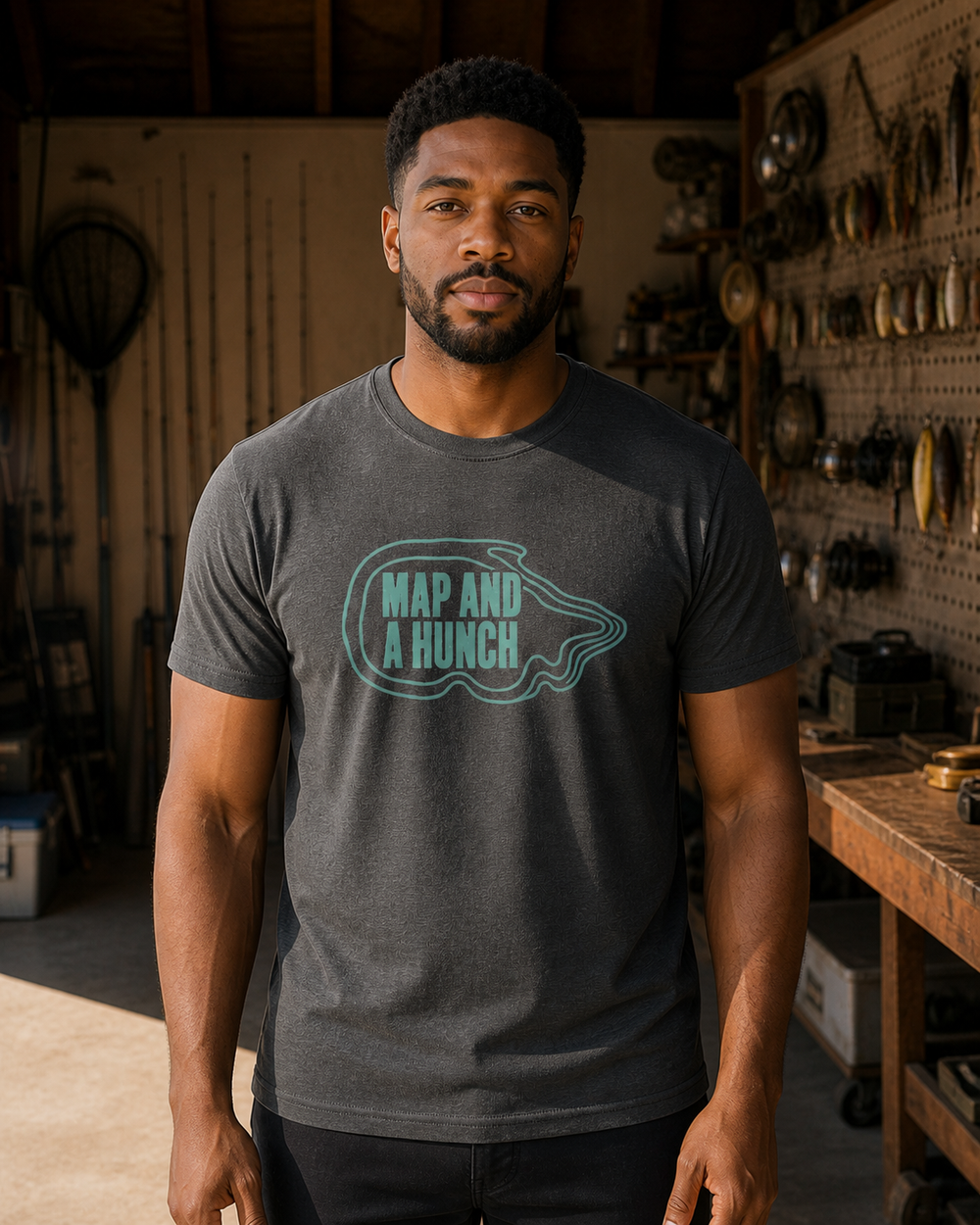 Map And A Hunch tee — dark heather, worn, front