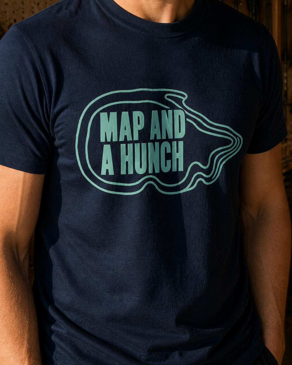 Map And A Hunch tee — navy, worn, side