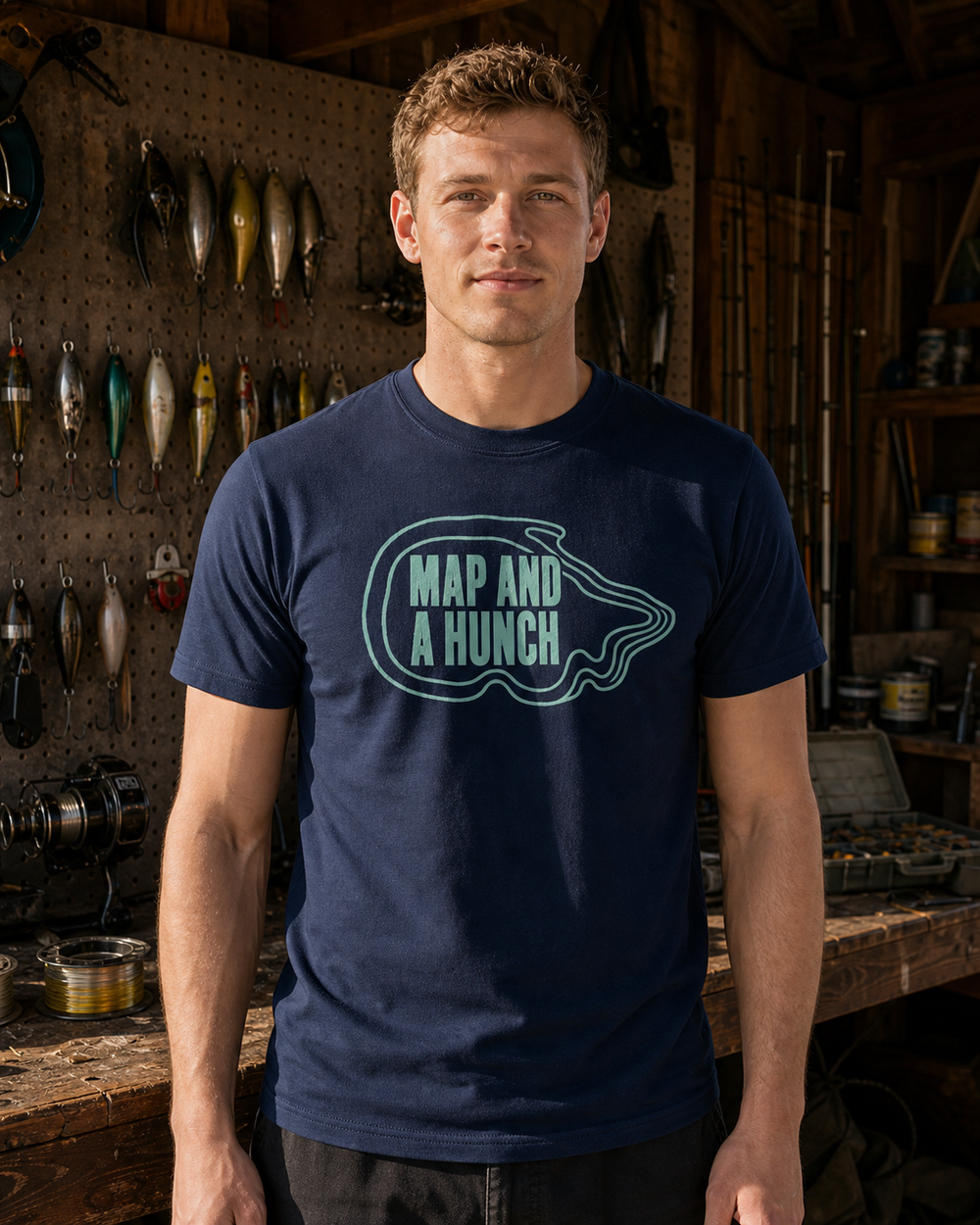 Map And A Hunch tee — navy, worn, front