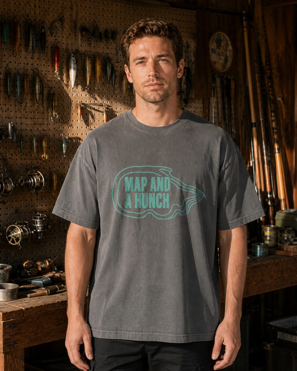 Map And A Hunch washed tee — washed charcoal, worn, front
