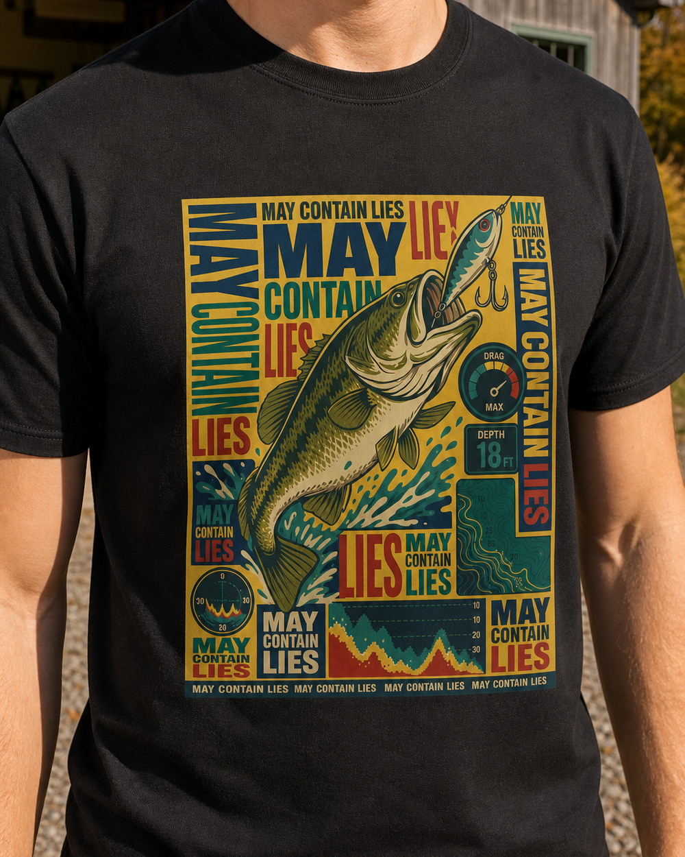 May Contain Lies tee — black, worn, side