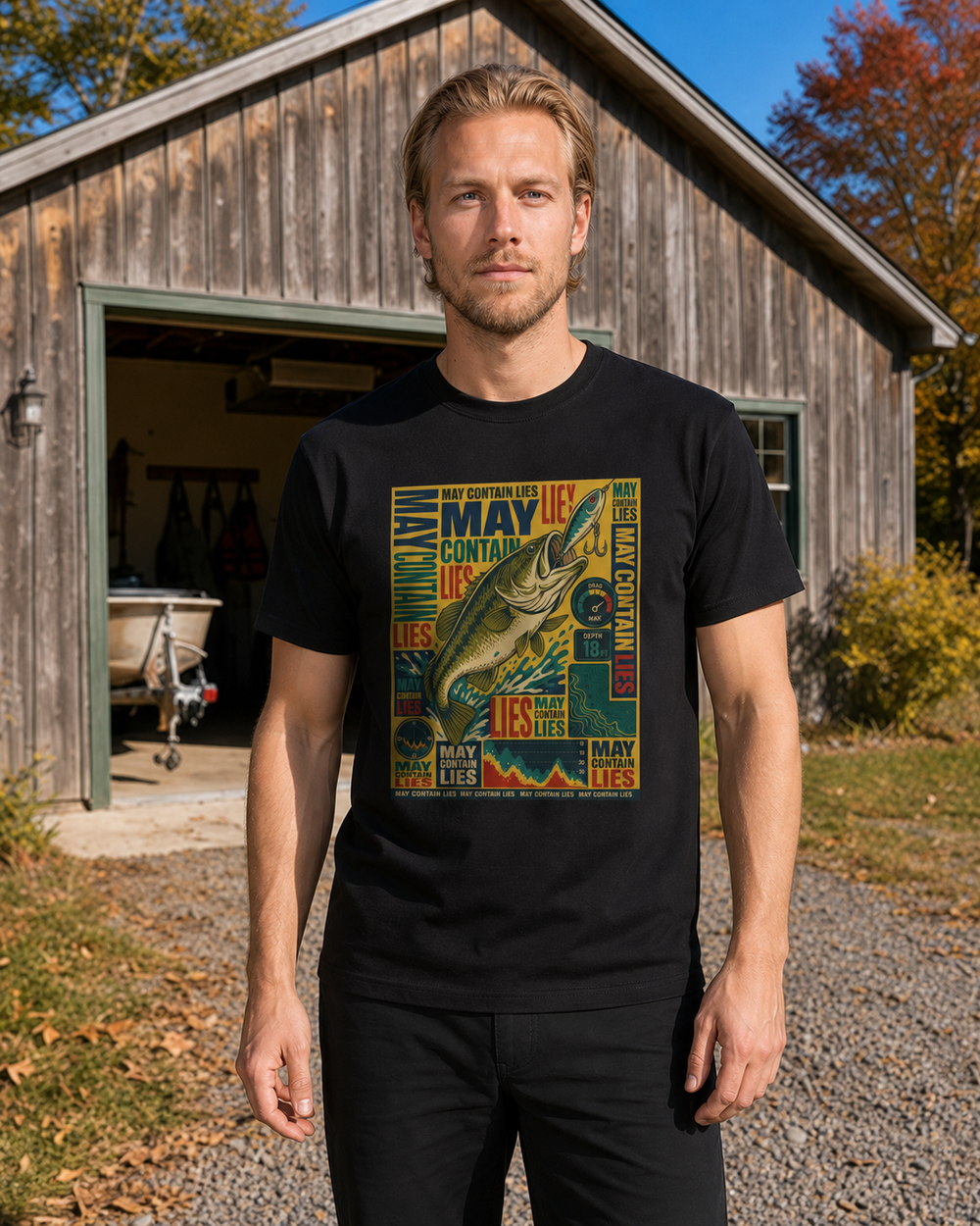 May Contain Lies tee — black, worn, front