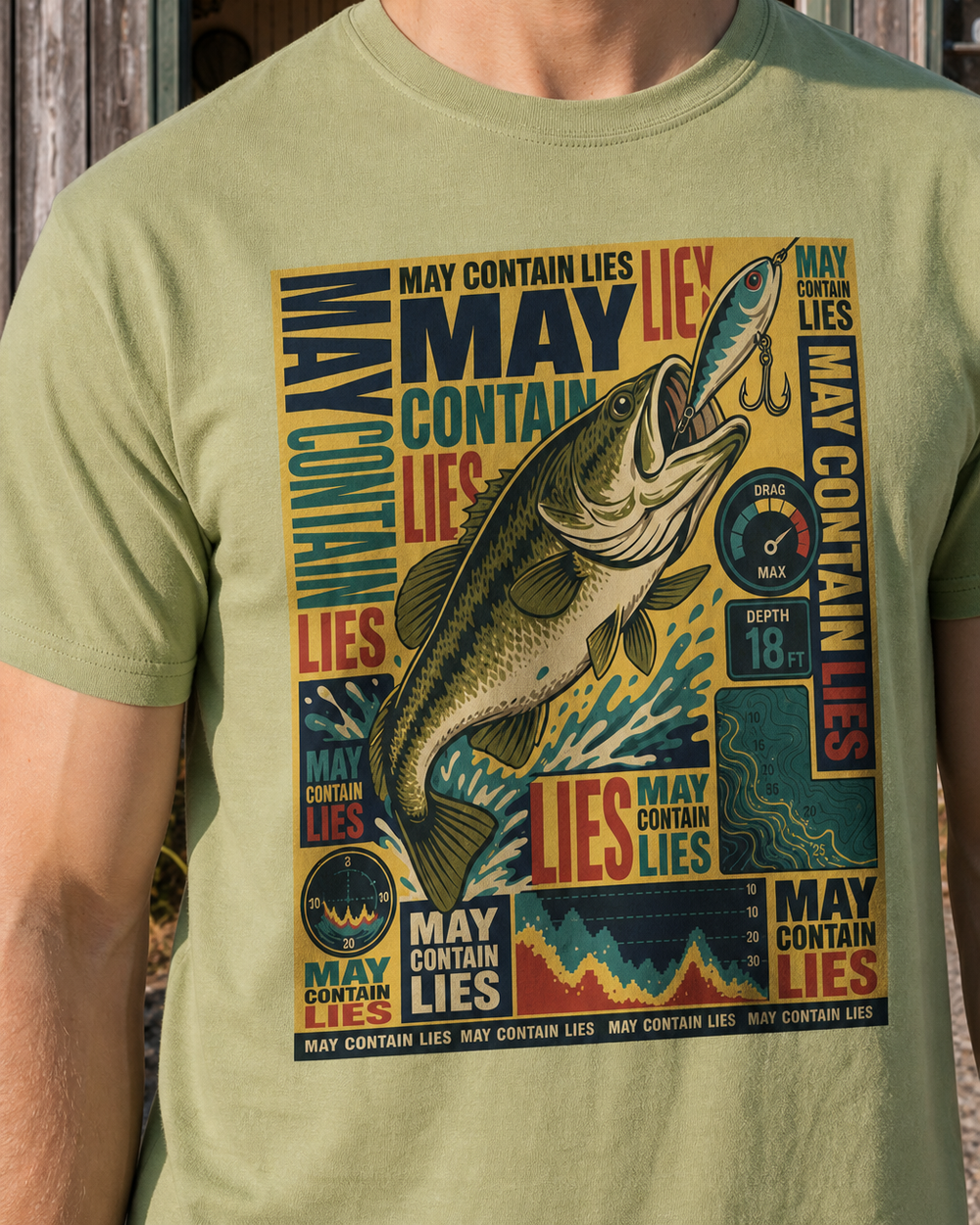 May Contain Lies tee — kiwi, worn, side