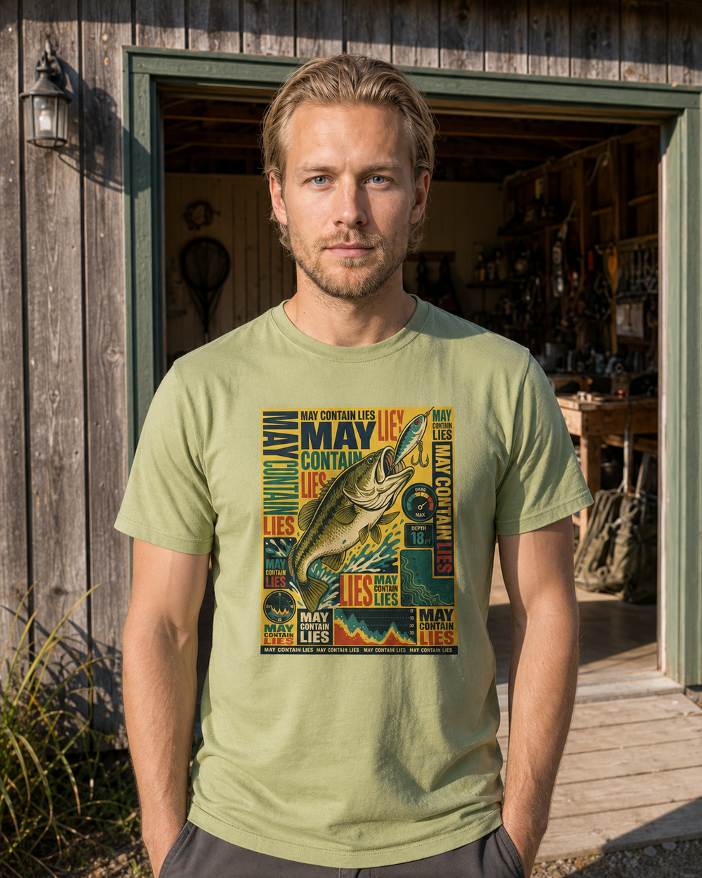 May Contain Lies tee — kiwi, worn, front