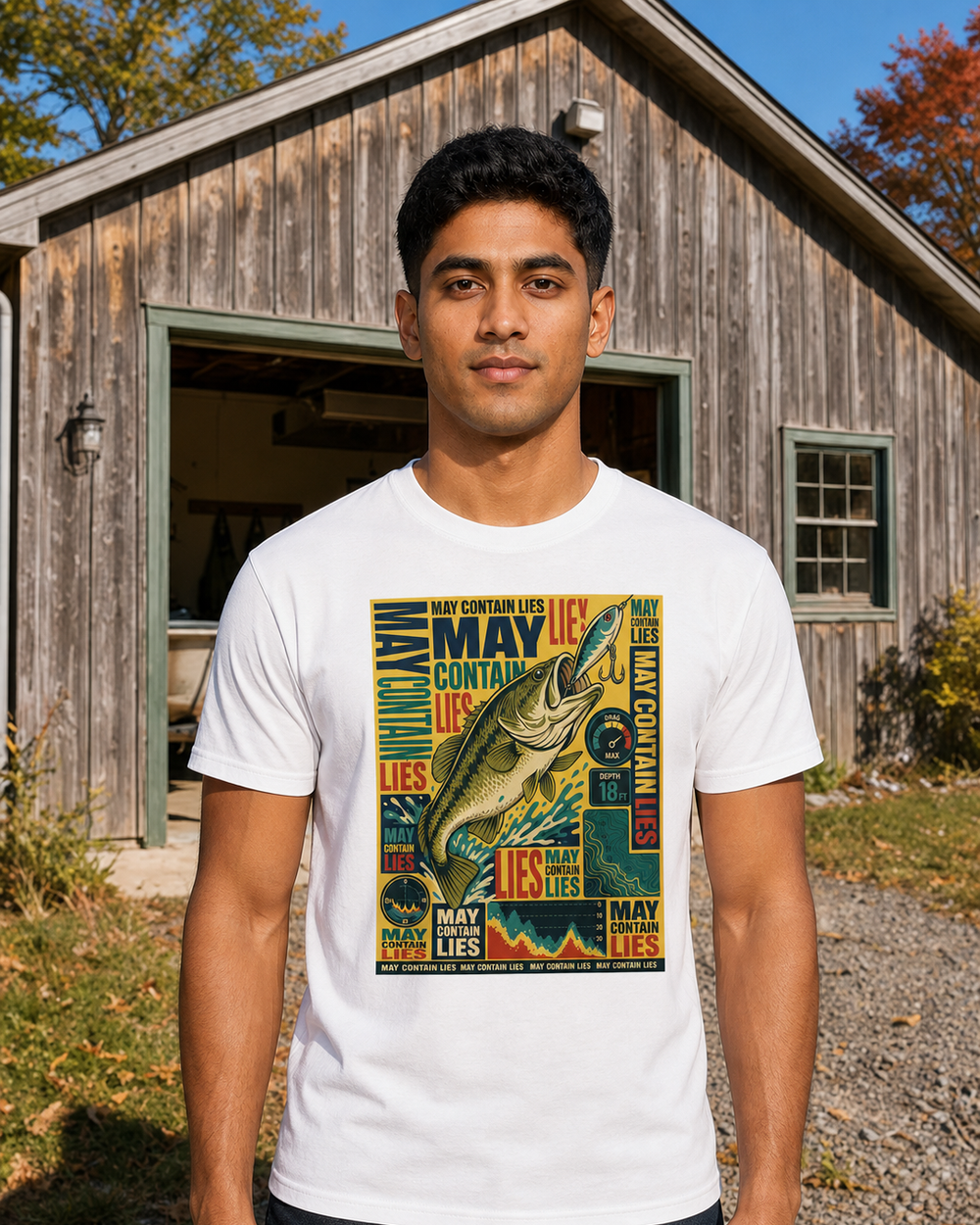 May Contain Lies tee — worn, front