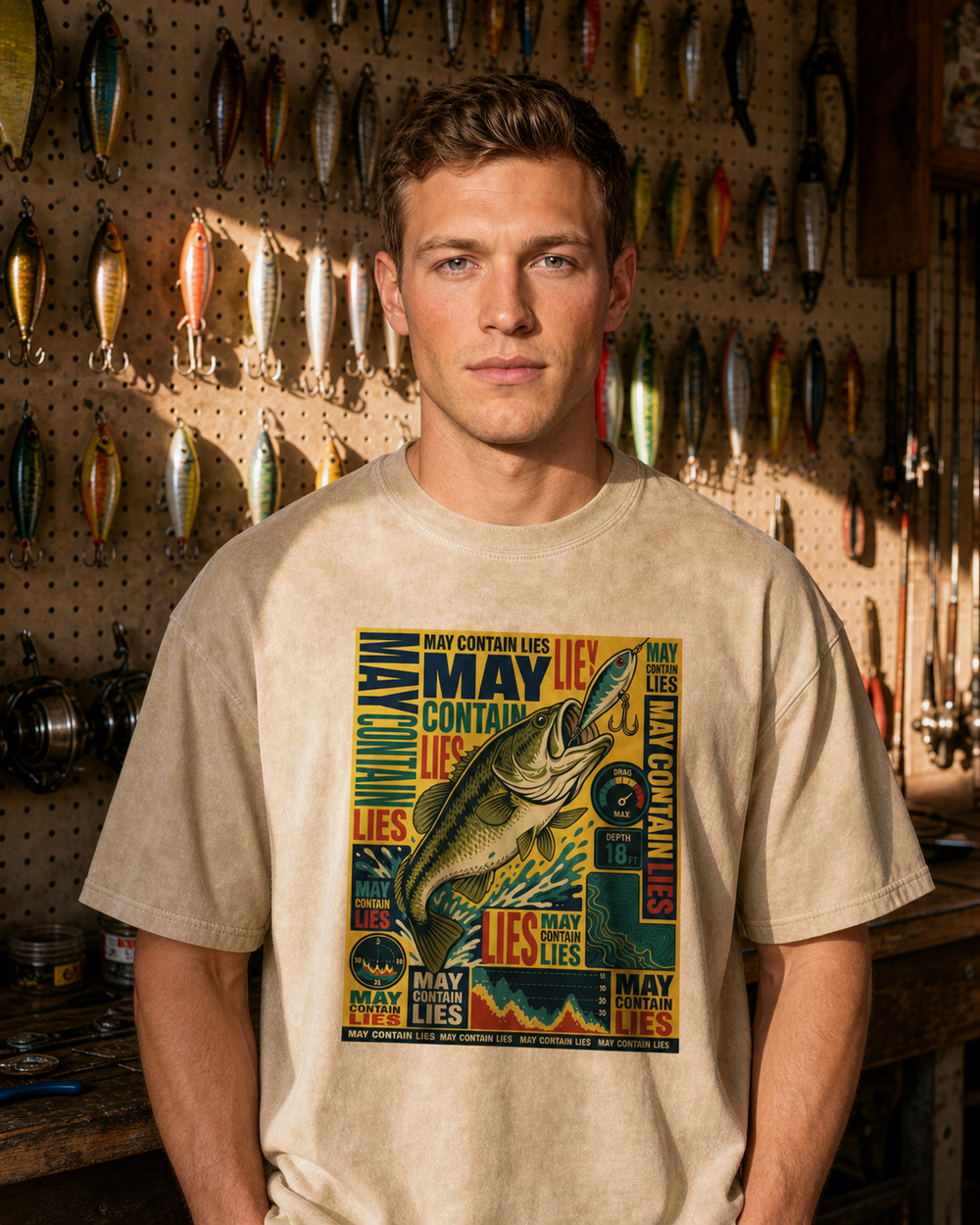 May Contain Lies washed tee — washed bone, worn, front