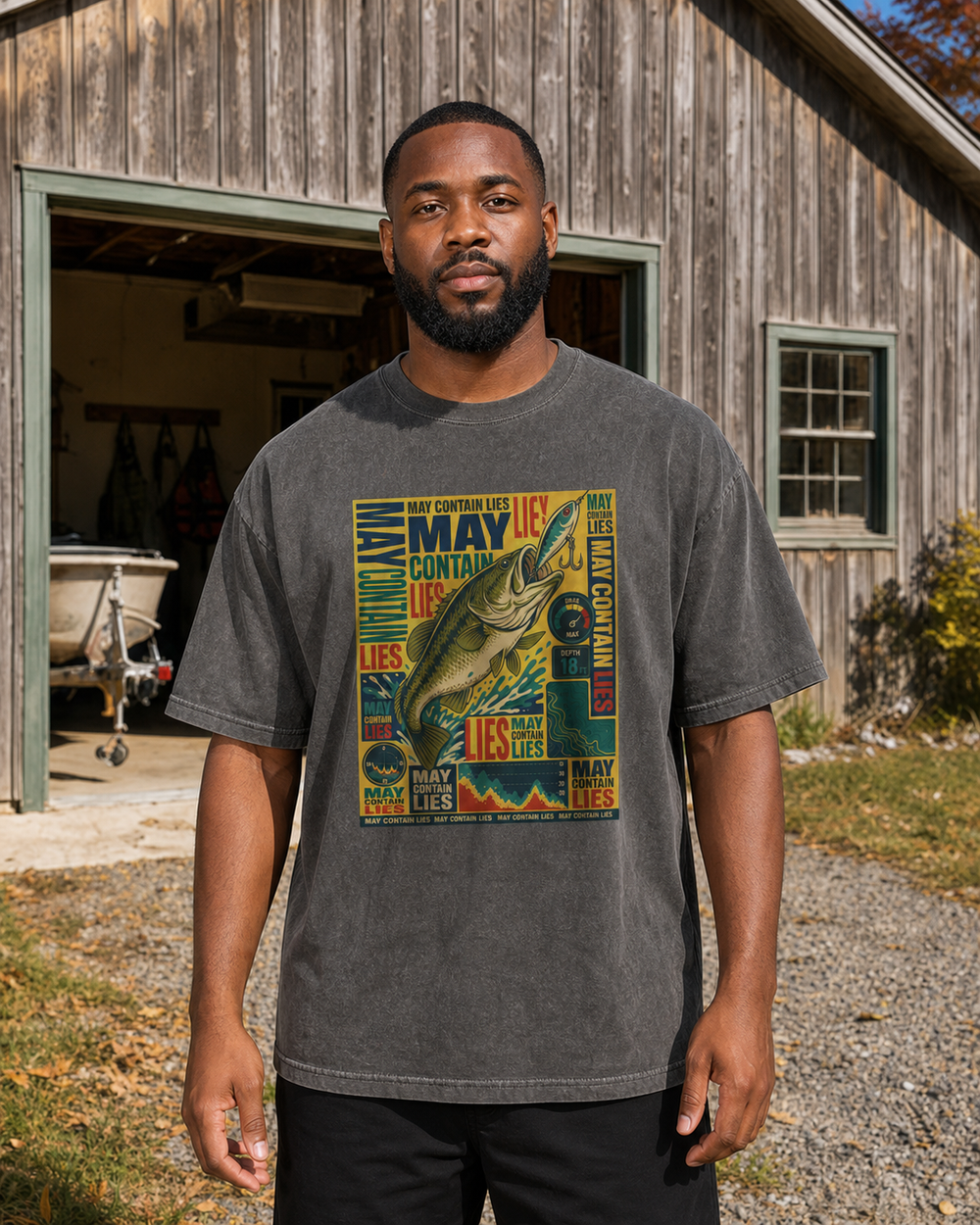 May Contain Lies washed tee — washed black, worn, front