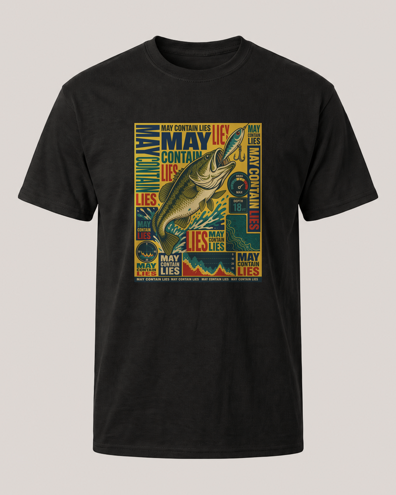 May Contain Lies tee — black, front