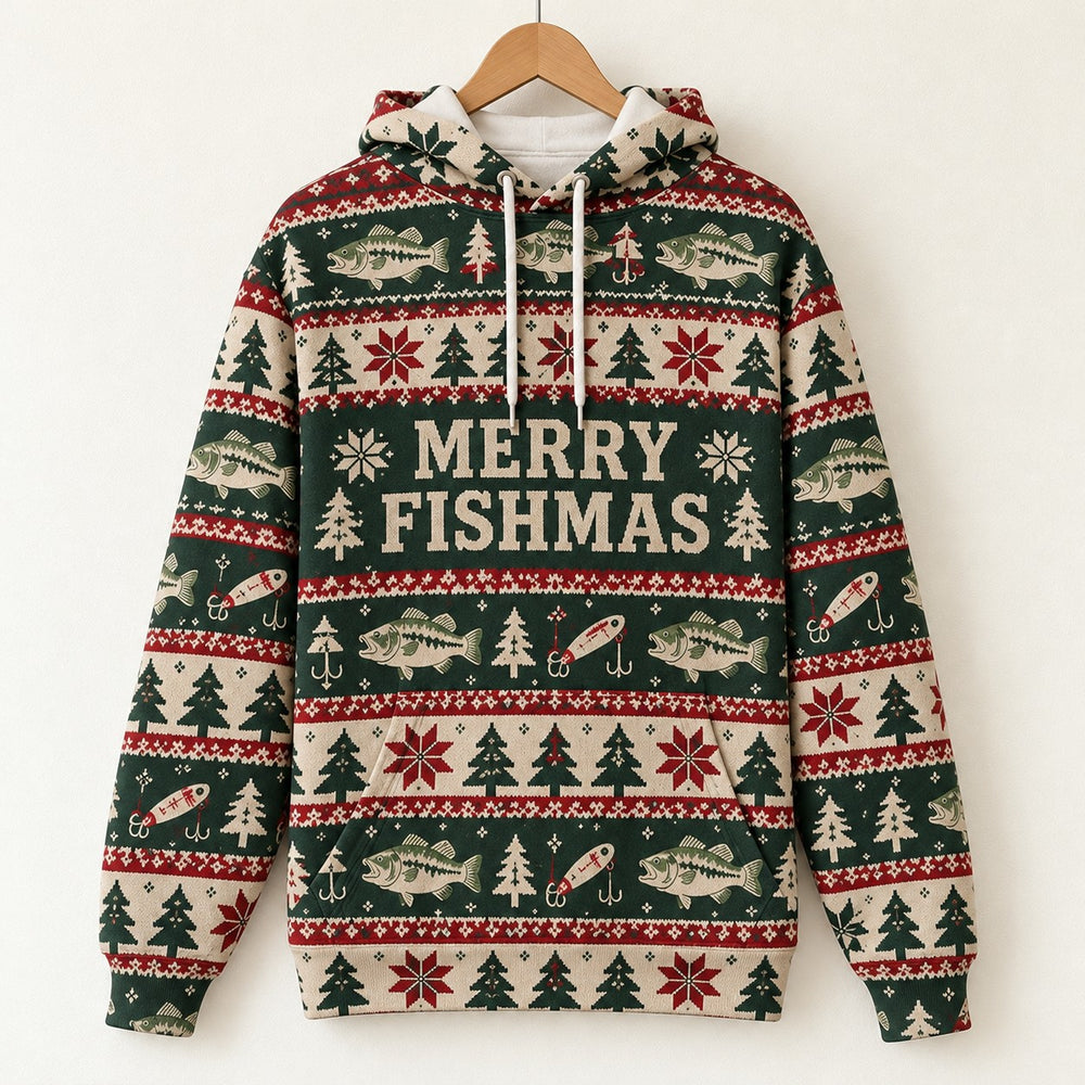Merry Fishmas Knit-Look All-Over Print Hoodie on a hanger