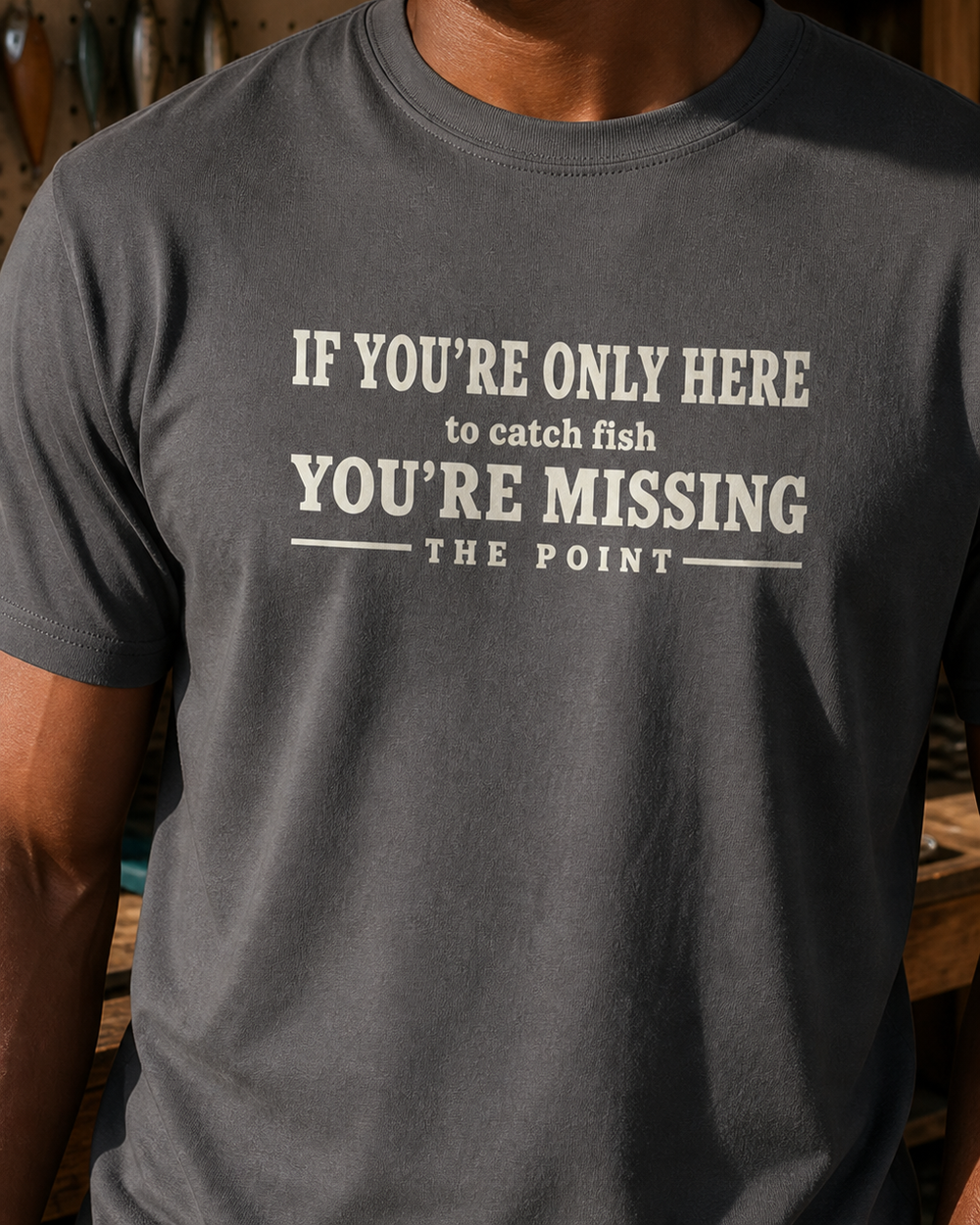 Missing The Point tee — charcoal, worn, side