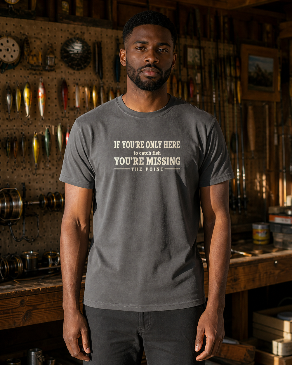 Missing The Point tee — charcoal, worn, front