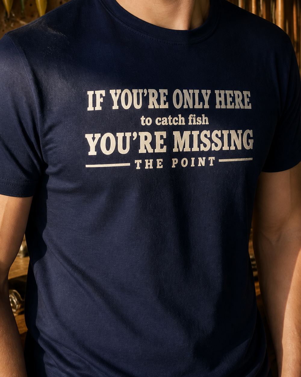 Missing The Point tee — navy, worn, side