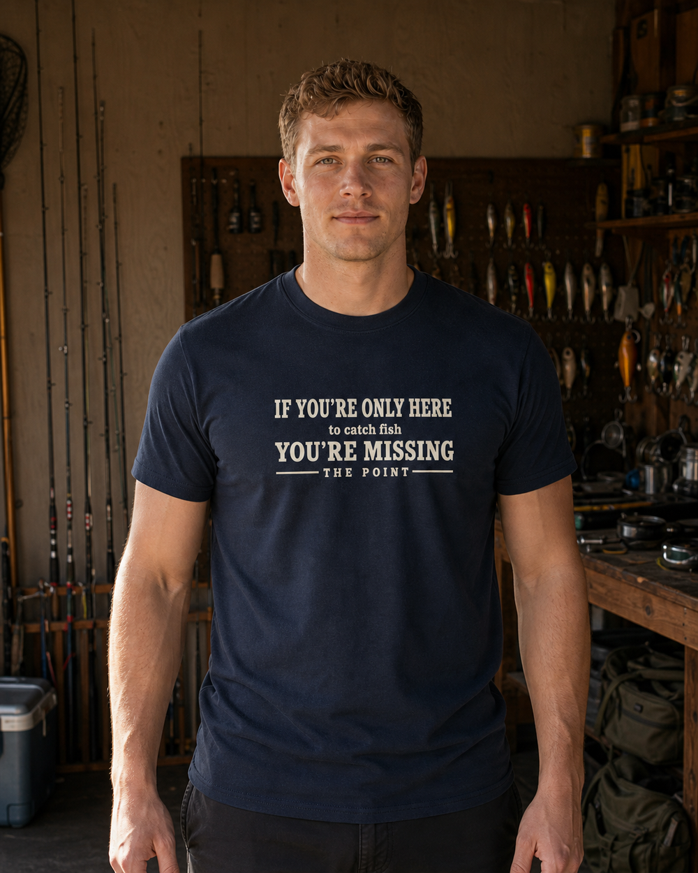 Missing The Point tee — navy, worn, front