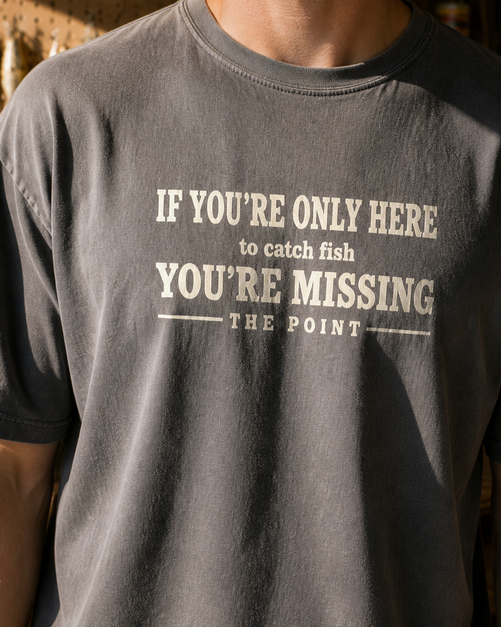 Missing The Point washed tee — washed charcoal, worn, side