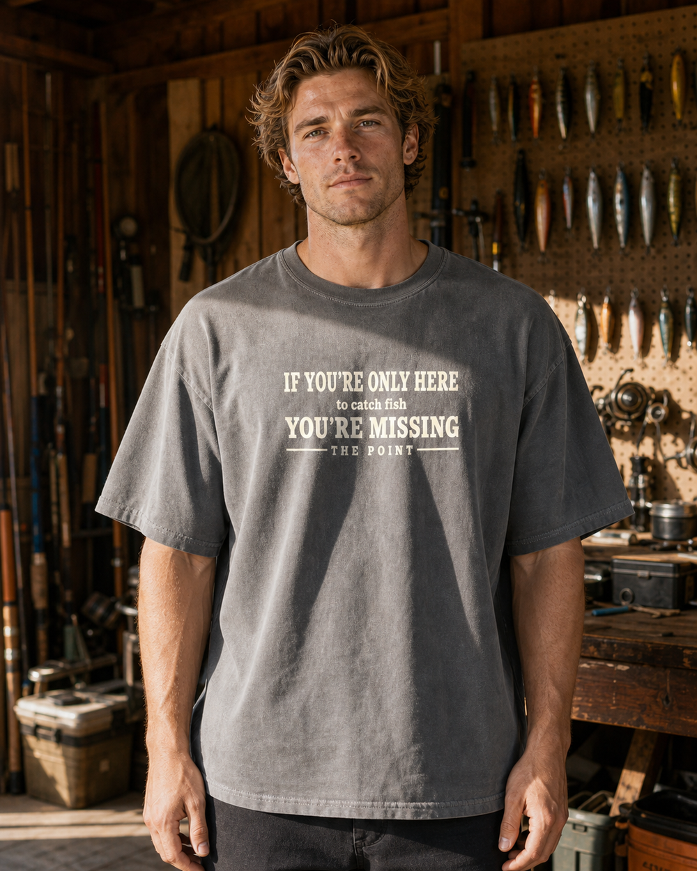 Missing The Point washed tee — washed charcoal, worn, front