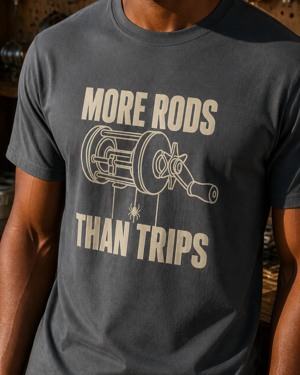 More Rods Than Trips tee — charcoal, worn, side
