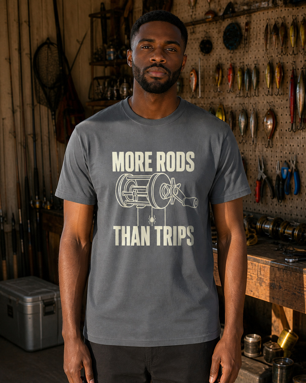 More Rods Than Trips tee — charcoal, worn, front