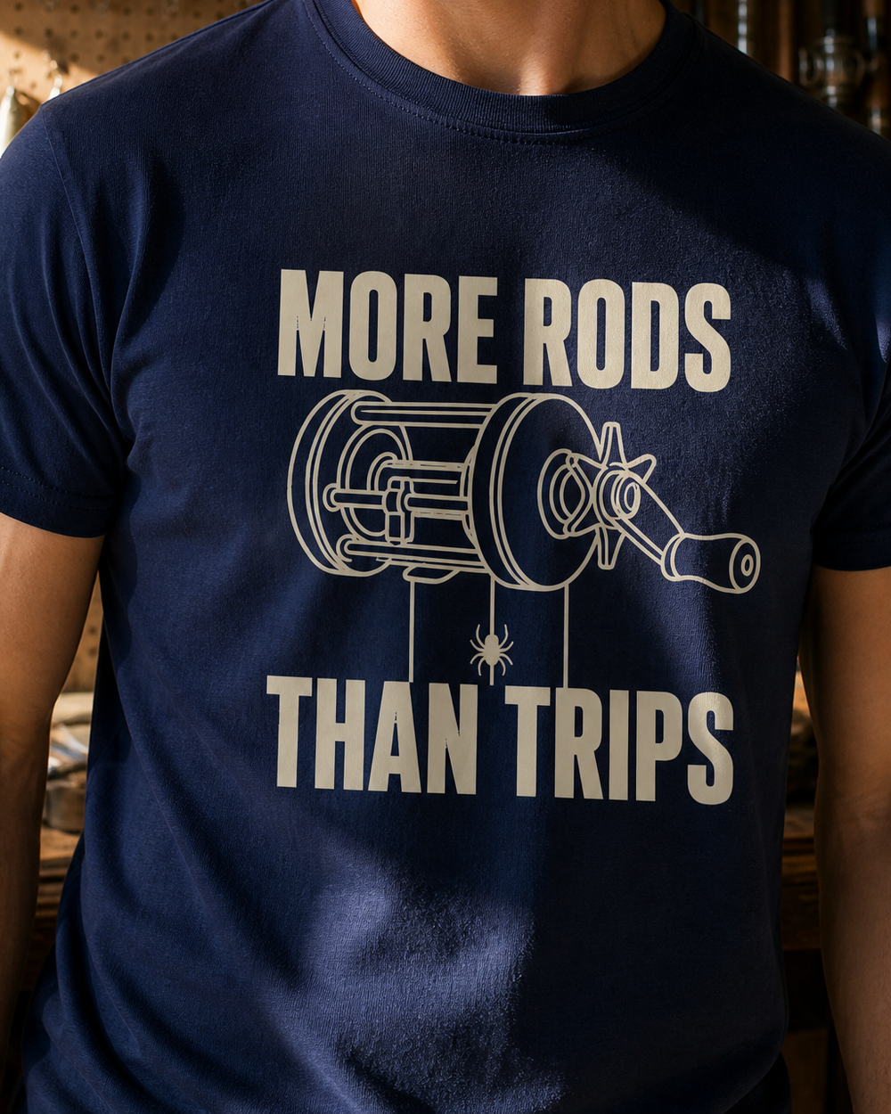 More Rods Than Trips tee — navy, worn, side