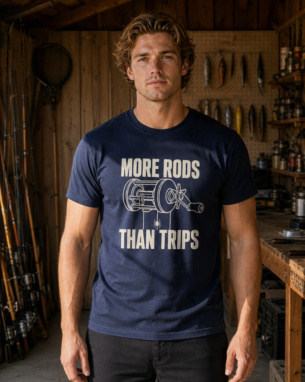 More Rods Than Trips tee — navy, worn, front