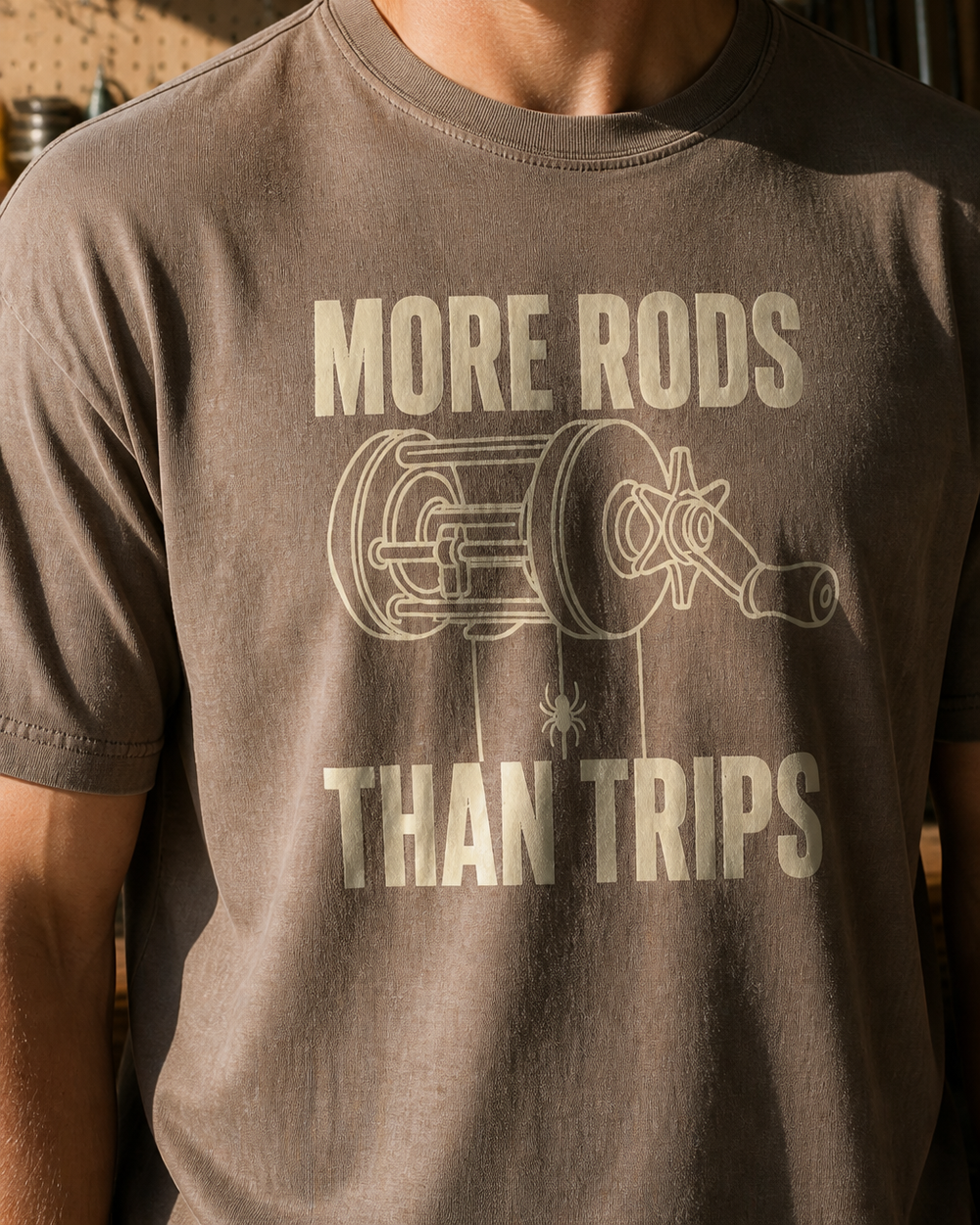 More Rods Than Trips washed tee — washed coffee, worn, side