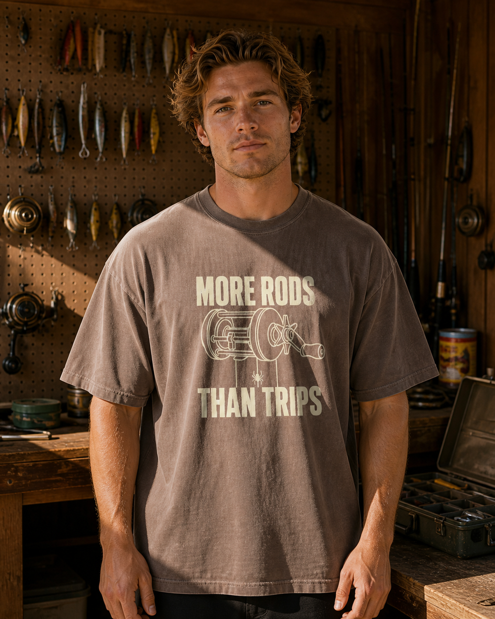 More Rods Than Trips washed tee — washed coffee, worn, front