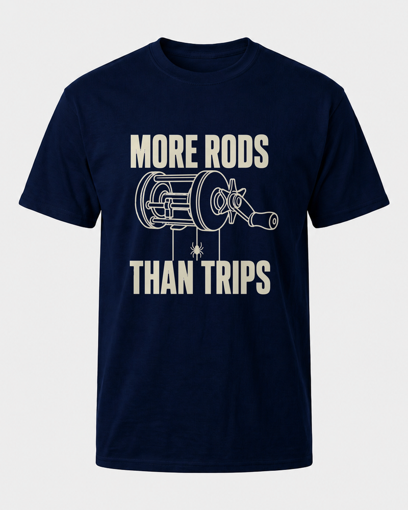 More Rods Than Trips tee — navy, front