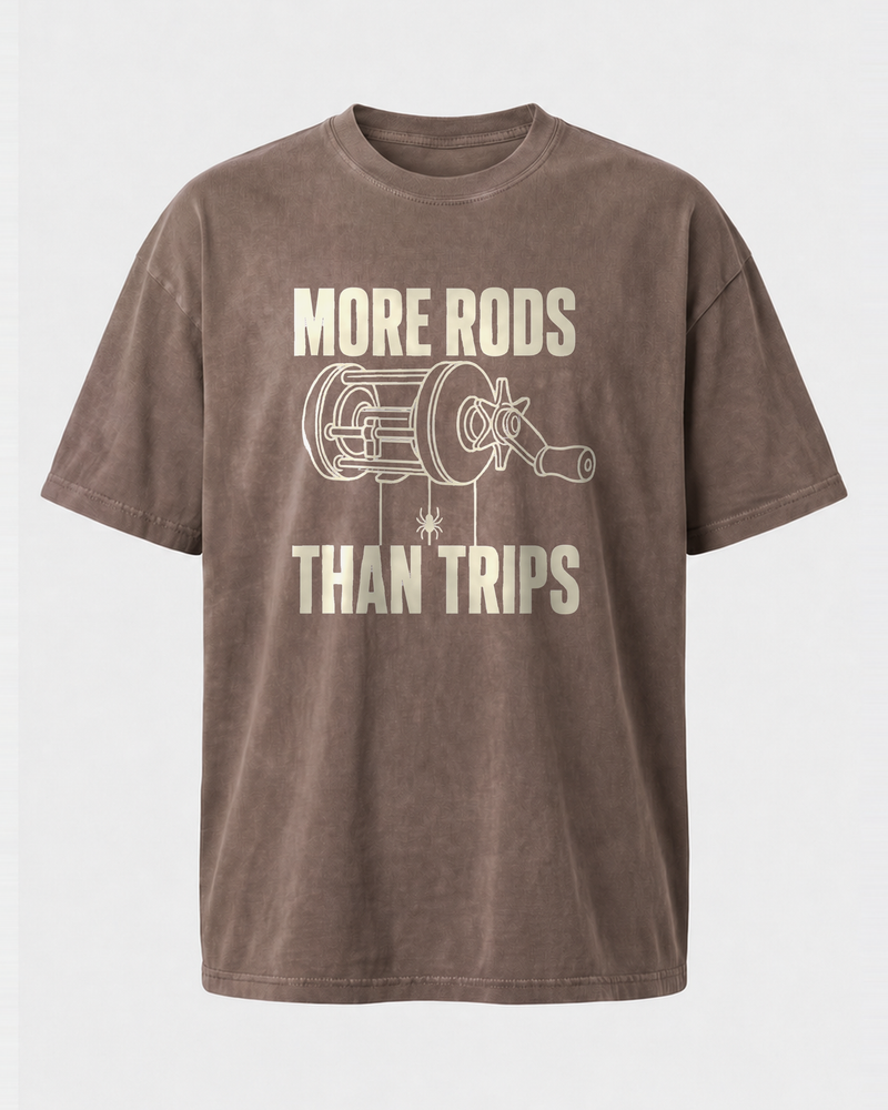 More Rods Than Trips washed tee — washed coffee, front