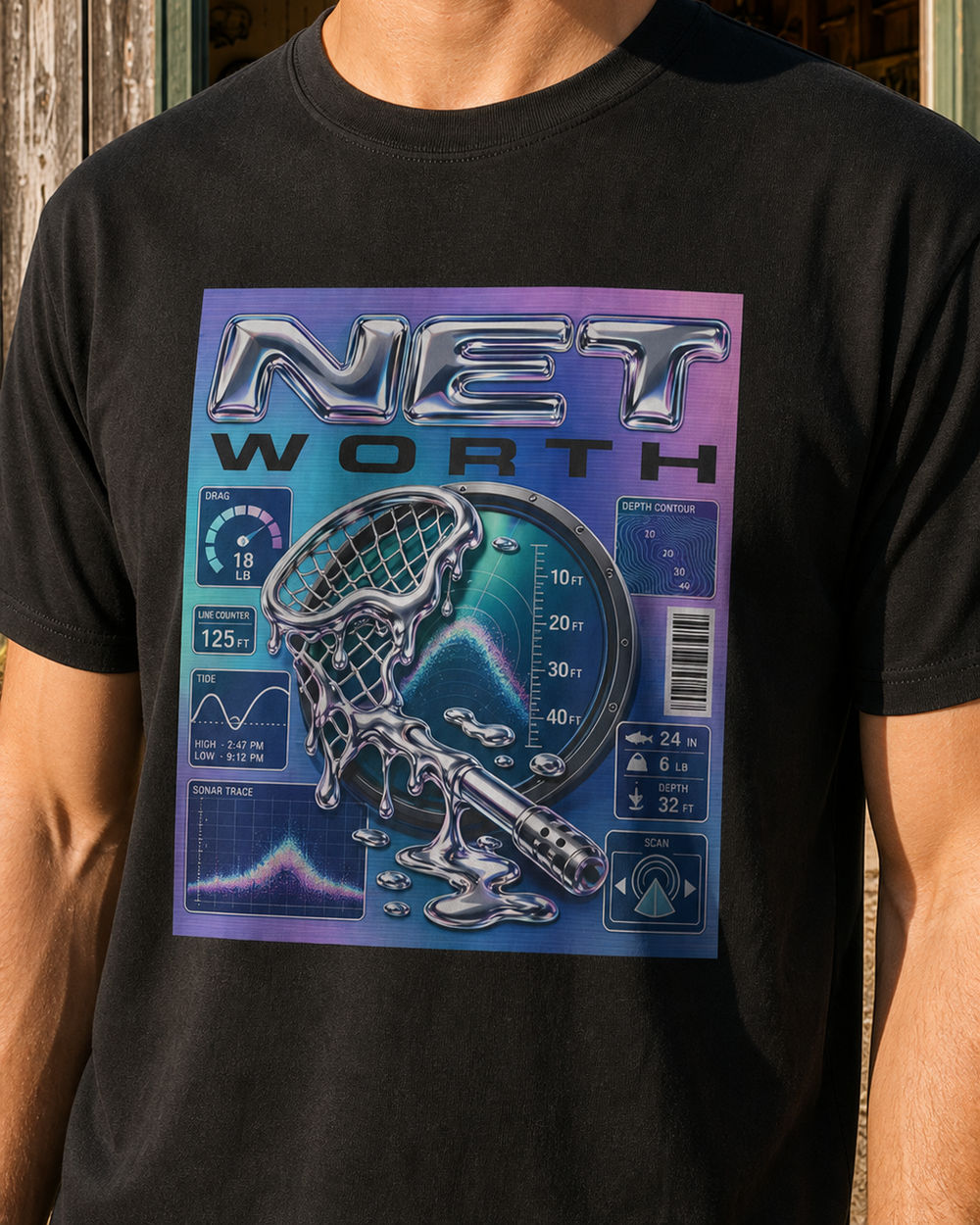 Net Worth tee — black, worn, side