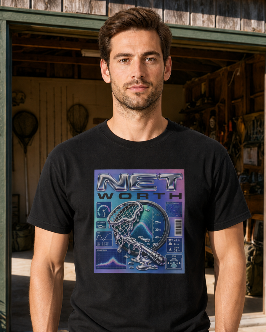Net Worth tee — black, worn, front
