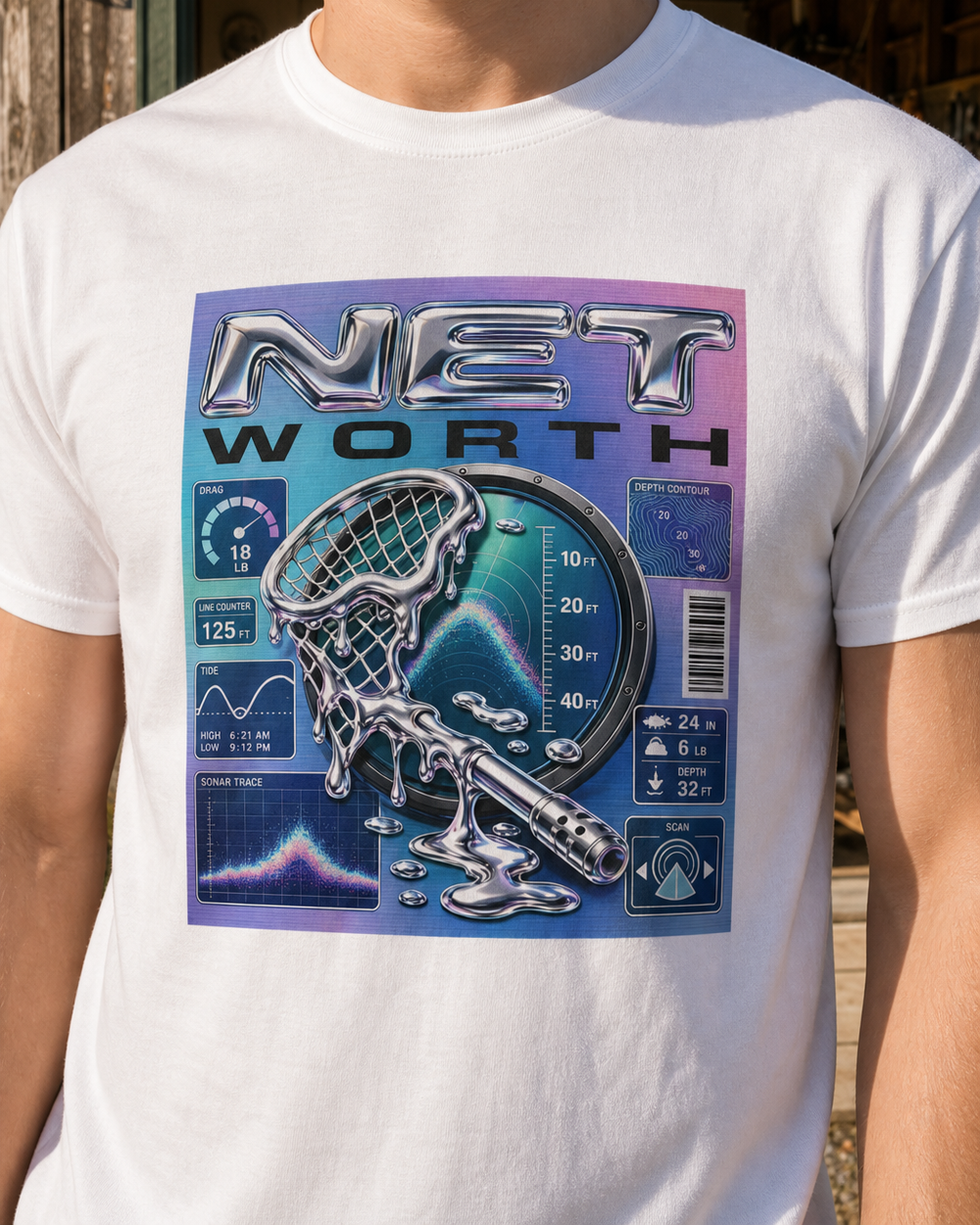 Net Worth tee — worn, side
