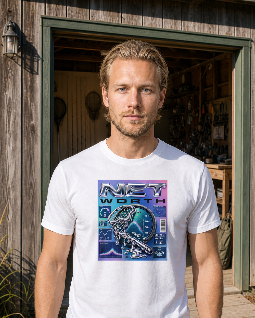 Net Worth tee — worn, front
