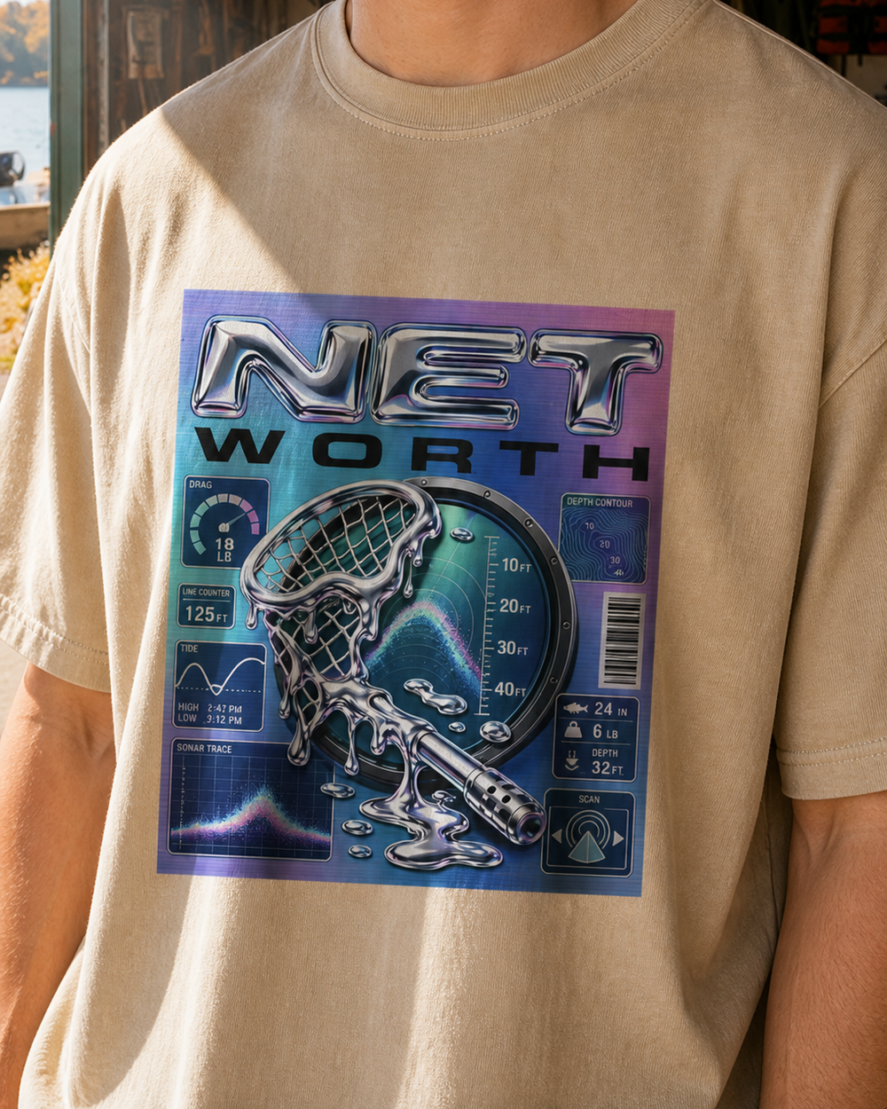 Net Worth washed tee — washed bone, worn, side
