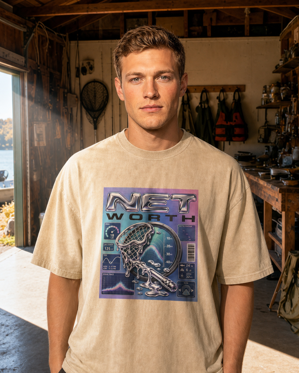 Net Worth washed tee — washed bone, worn, front